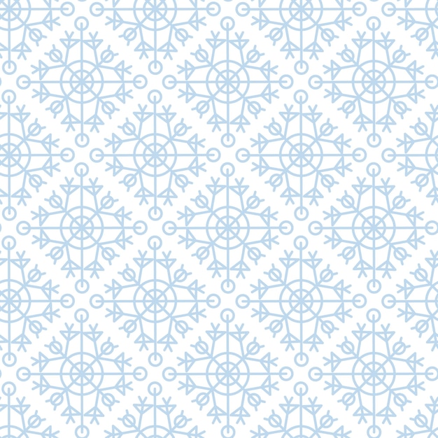 Copos de nieve azules sobre un fondo blanco. Feliz Navidad geométrica de patrones sin fisuras. Copos de nieve minimalistas primitivos.