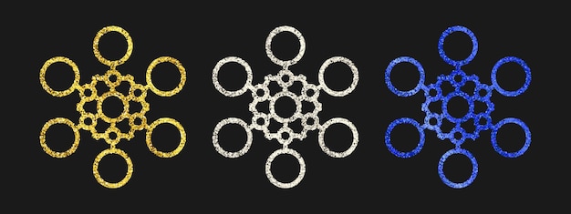 Copos de nieve de brillo sobre fondo oscuro. Conjunto de tres copos de nieve purpurina dorados, plateados y azules. Elementos de decoración de Navidad y año nuevo. Ilustración vectorial.