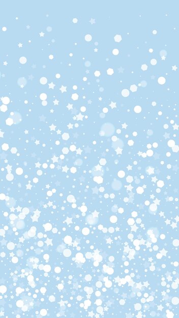 Copos de nieve cayendo fondo de Navidad Sutiles copos de nieve voladores y estrellas sobre fondo de invierno azul claro Bellamente cayendo copos de nieve superpuestos Ilustración vectorial vertical
