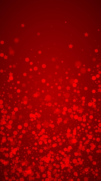 Copos de nieve cayendo fondo de Navidad Sutiles copos de nieve voladores y estrellas sobre fondo rojo de Navidad Bellamente cayendo copos de nieve superpuestos Ilustración vectorial vertical