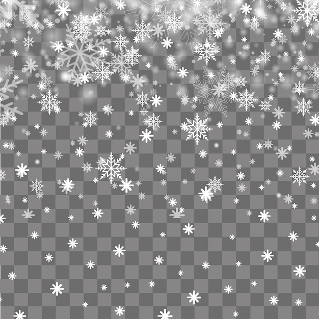 Vector los copos de nieve en diferentes formas y formas de año nuevo y navidad con el fondo de los copos de nieve que caen en una ilustración vectorial transparente