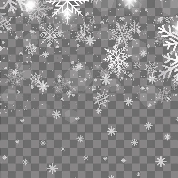 Los copos de nieve en diferentes formas y formas de año nuevo y navidad con el fondo de los copos de nieve que caen en una ilustración vectorial transparente