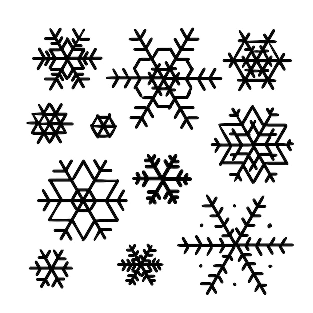 Los copos de nieve gráficos en blanco y negro describen los elementos invernales