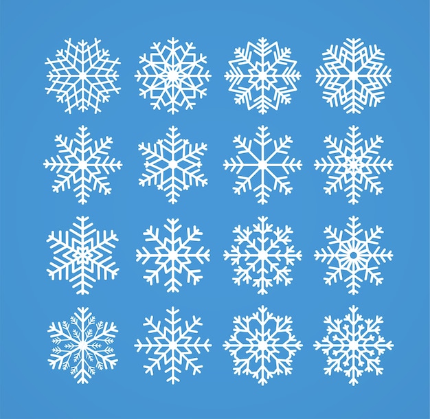 Copos de nieve invierno Navidad nieve helada iconos de línea sobre fondo azul ilustración