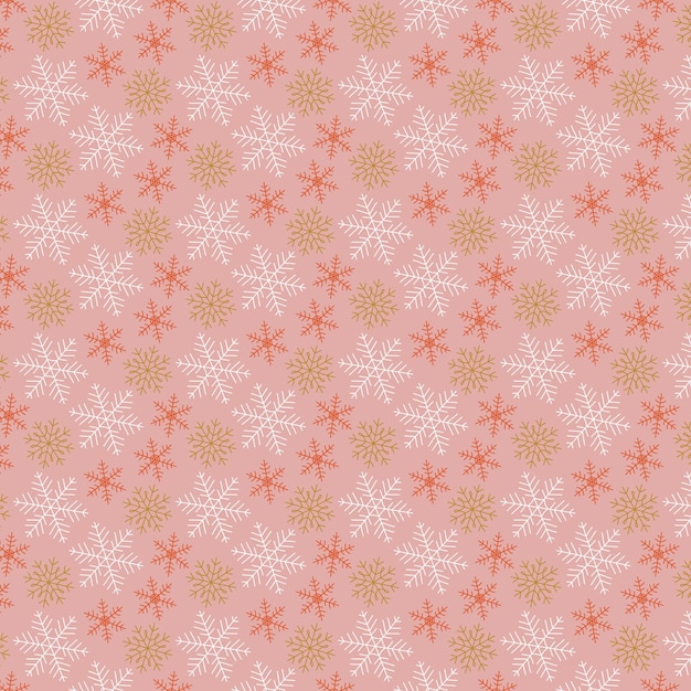 Copos de nieve de Navidad patrón sin costuras copos de nieves blancos rojos y dorados en fondo rosa hermoso diseño moderno de vacaciones de invierno ilustración vectorial