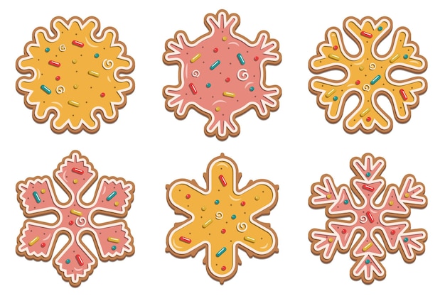 Copos de nieve navideños de pan de jengibre con delicado esmalte multicolor. para el diseño de tarjetas, flyers. ilustración de vector aislado sobre fondo blanco.