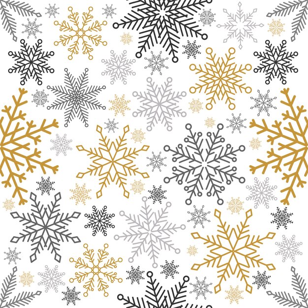 Copos de nieve de patrones sin fisuras de Navidad simple con diferentes adornos sobre fondo blanco