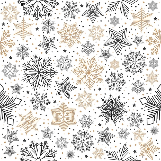 Copos de nieve de patrones sin fisuras de Navidad simple con diferentes adornos sobre fondo blanco