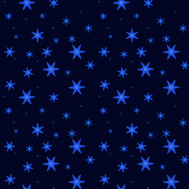 Copos de nieve que brillan intensamente que caen hermosos en modelo inconsútil azul marino del cielo nocturno.