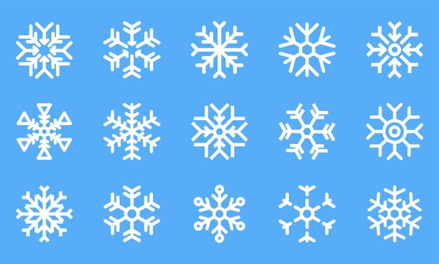 Copos de nieve sobre un fondo azul Conjunto de copos de nieve blancos Símbolo de invierno Temporada Hielo Vector