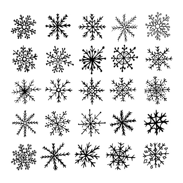 Los copos de nieve de vector grande establecen imágenes prediseñadas de Navidad aisladas sobre fondo blanco Copos de nieve de hielo dibujados a mano