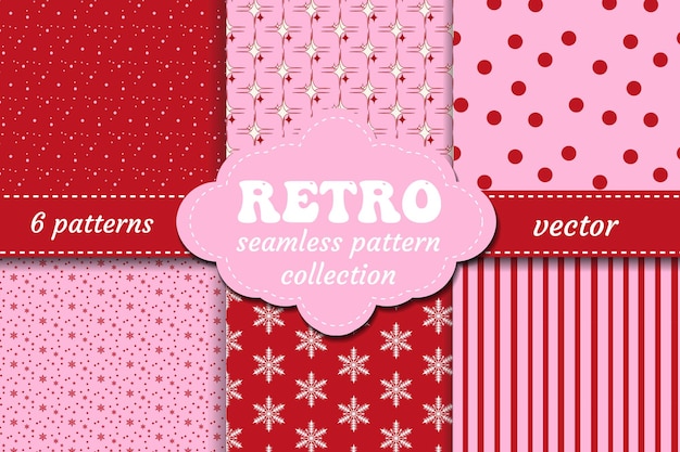 Coqueta retro roja y rosa de Navidad con patrón sin costuras con bonitos copos de nieve y puntos de polca