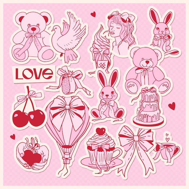 Coquette día de San Valentín clipart lindo y2k romántico femenino estética pegatinas conjunto elementos vintage