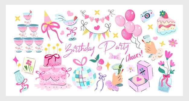 Coquette fiesta de cumpleaños conjunto una linda colección de vectores dibujados a mano con pasteles regalos globos cintas y