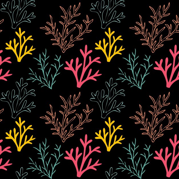 Corales amarillos rosados y menta sobre un fondo negro Vector patrón sin costuras con arrecife tropical Mar