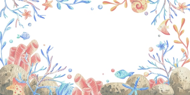 Corales marinos algas conchas estrellas de mar burbujas de peces acuarela ilustración dibujada a mano en coral turquesa