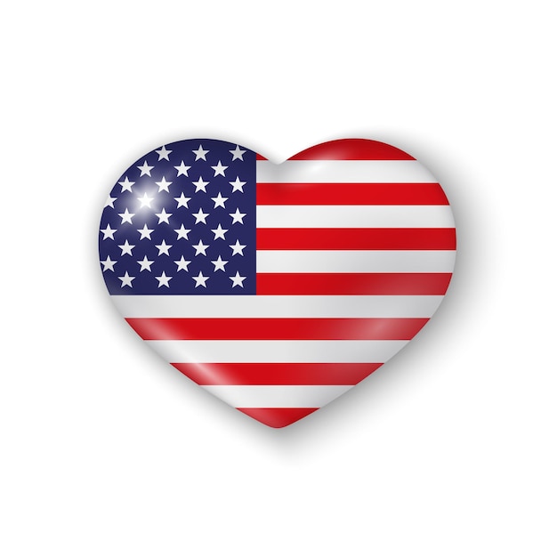 Corazón 3d con bandera de EE. UU. Elemento vectorial realista brillante sobre fondo blanco con sombra debajo
