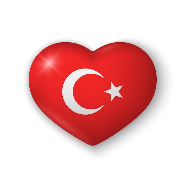 Corazón 3D con bandera de Turquía Elemento de vector realista brillante sobre fondo blanco