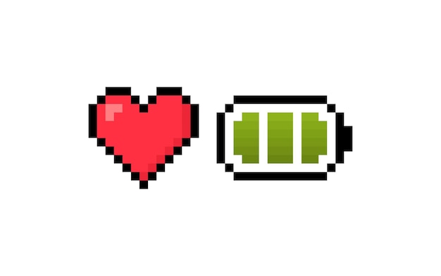 Corazón de 8 bits con batería Batería con carga y nivel de salud Concepto de escala de salud