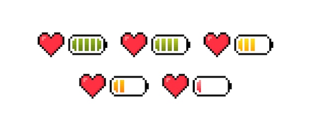 Corazón de 8 bits con batería Batería con diferente carga y nivel de salud Escala de salud