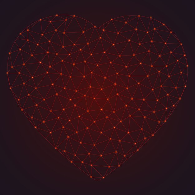 Corazón abstracto poligonal con puntos brillantes y líneas.