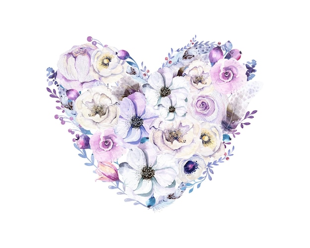 Corazón de acuarela rosa y púrpura hecho de flores