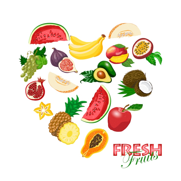 Vector corazón aislado hecho de frutas frescas.