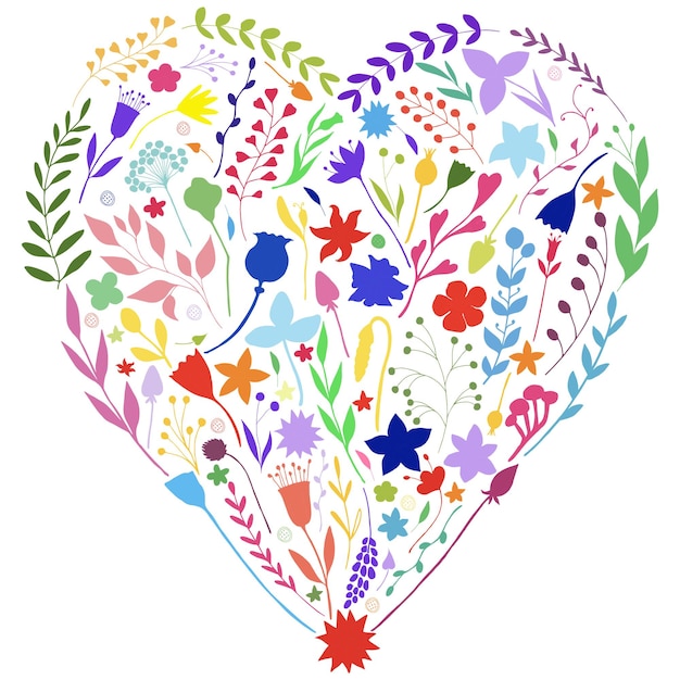 Corazón de arco iris dibujado a mano de elementos florales aislados sobre fondo blanco