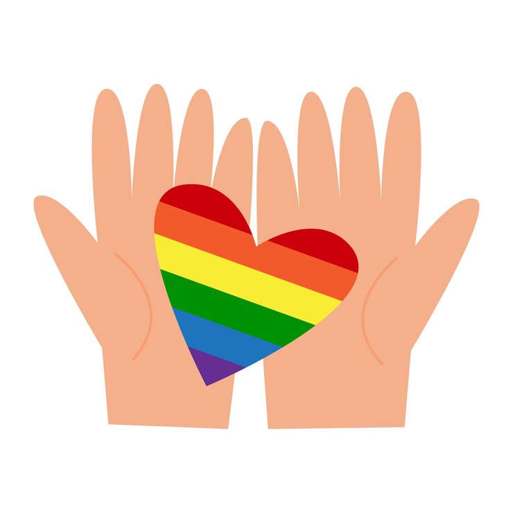 Vector corazón de arco iris gay en manos día de san valentín lgbt orgullo romántico concepto de igualdad y derechos queer