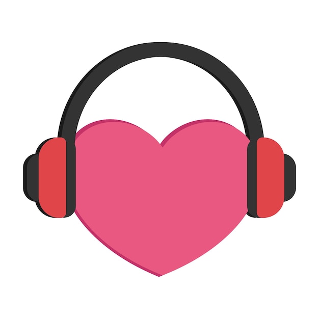 Corazón en auriculares Música de amor icono plano Ilustración vectorial