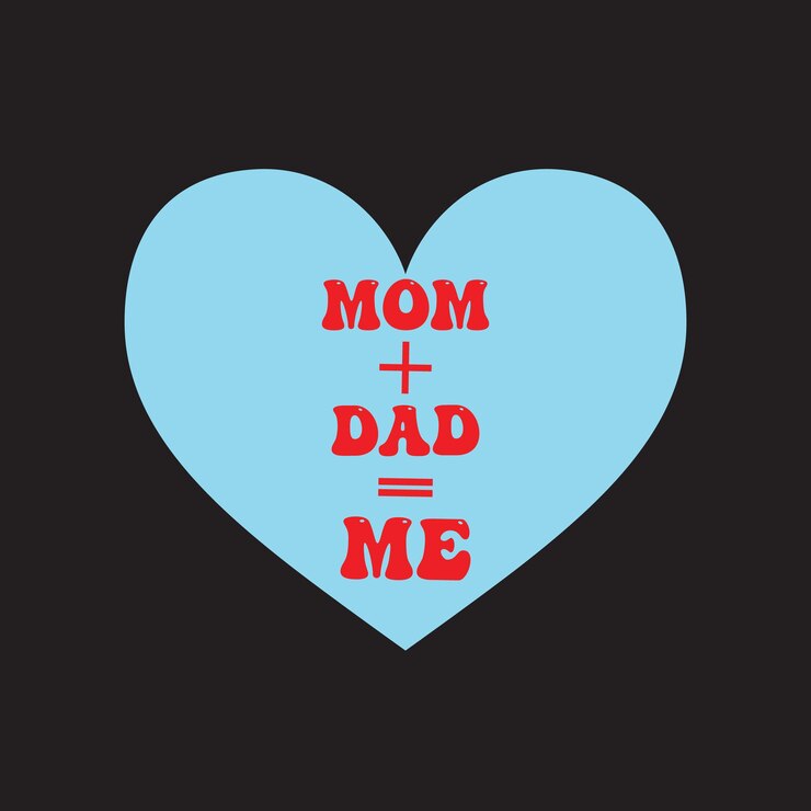Un corazón azul con las palabras mamá, papá y yo.