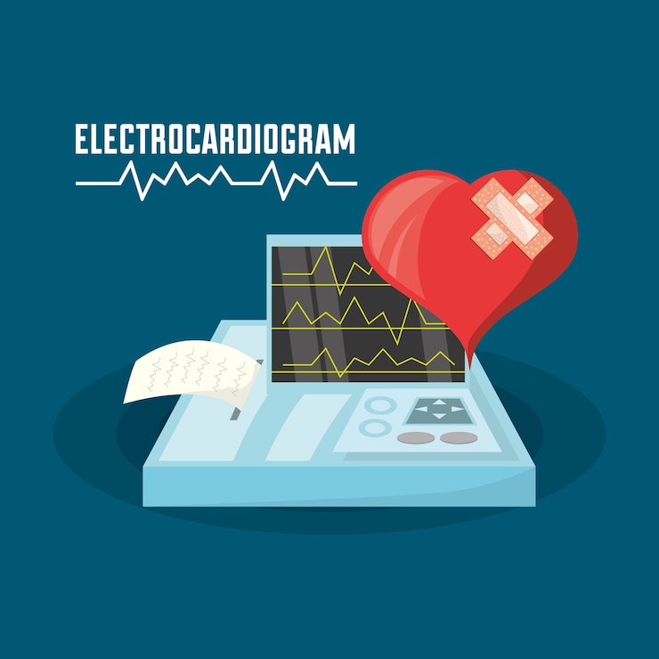 Vector corazon con banda de ayuda y examen de ritmo cardiaco.