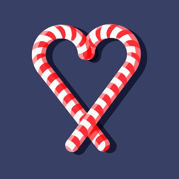 Corazón de bastón de caramelo sobre fondo azul. Ilustración de vector de estilo plano de dibujos animados.