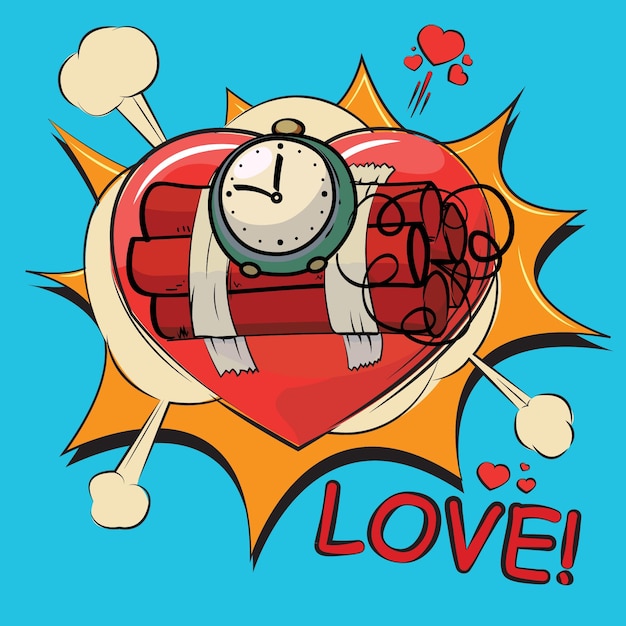 Vector corazón con una bomba lista para explotar de amor, el reloj corre, mecanismo de relojería, estilo cómico