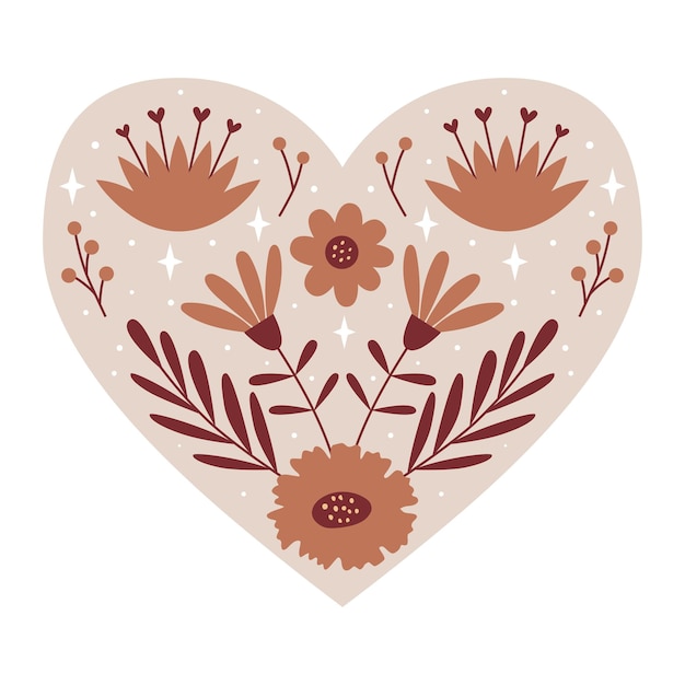 Corazón botánico simétrico con elementos florales capullos y ramitas elemento decorativo para el diseño de empaque de tarjetas de san valentín ilustración de vector de color aislado en un fondo blanco