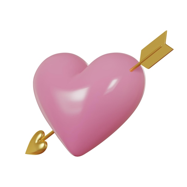 Corazón brillante rosado 3D con flecha dorada en perspectiva Símbolo de amor Tarjeta del día de San Valentín 3D realista aislada en fondo blanco Ilustración vectorial