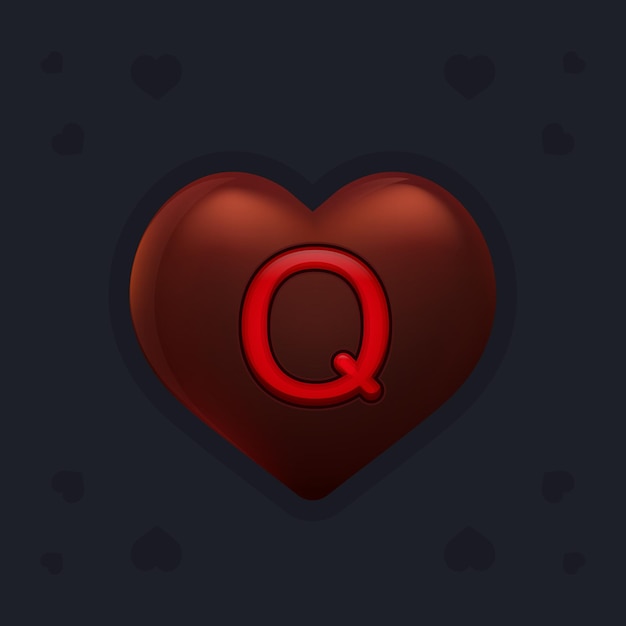 Corazón de chocolate negro realista con letra Q de mermelada en el interior. Elemento de decoración del día de San Valentín para banner de diseño, tarjeta o cualquier publicidad. Vector