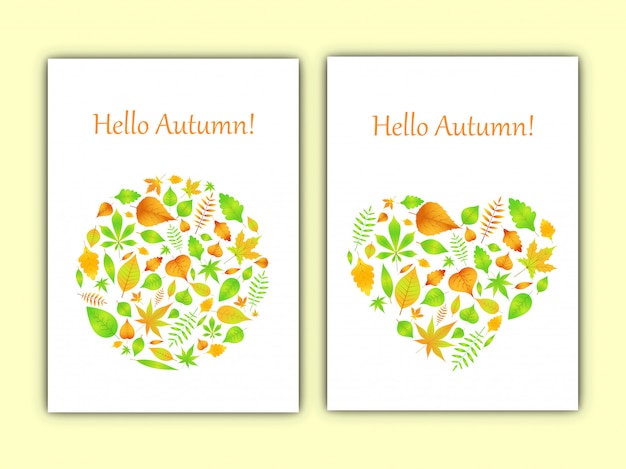 Corazón y círculo de hojas de otoño en tarjeta de vector