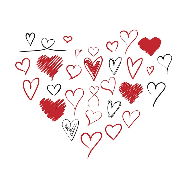 Corazón de corazones dibujado a mano Doodle corazones simples en diferentes formas Tema de amor