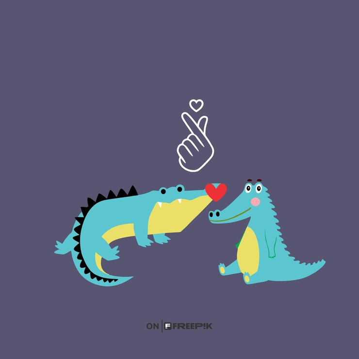 Vector corazón de dedo cocodrilo animal carácter dos dinosaurios con un corazón y un signo que dice amor
