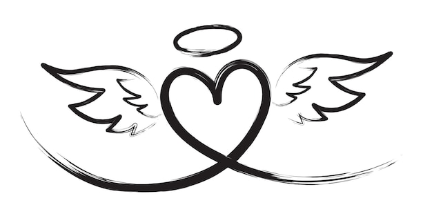 Corazón dibujado a mano con alas sobre fondo blanco