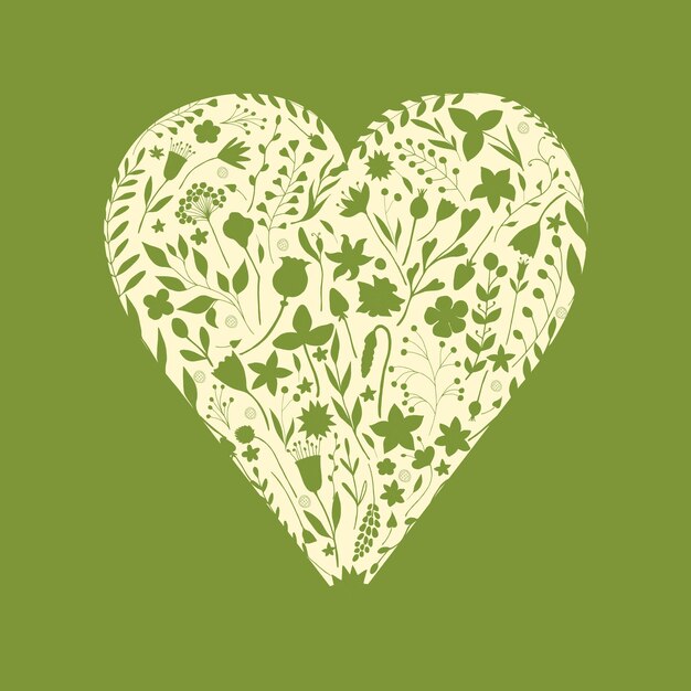 Vector corazón dibujado a mano de elementos florales sobre fondo verde para tarjetas invitaciones guardar las tarjetas de fecha