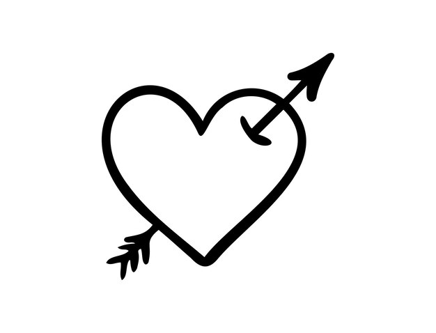Corazón dibujado a mano con flecha Icono de amor y romance Icono de feliz día de San Valentín dibujando corazón y flecha