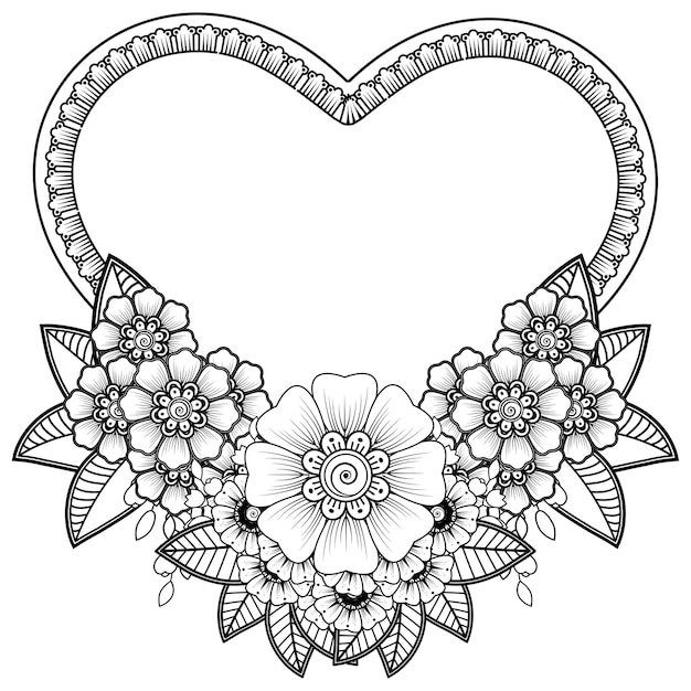 Corazón dibujado a mano con flor mehndi. decoración en adornos étnicos orientales, doodle. contorno mano dibujar ilustración.