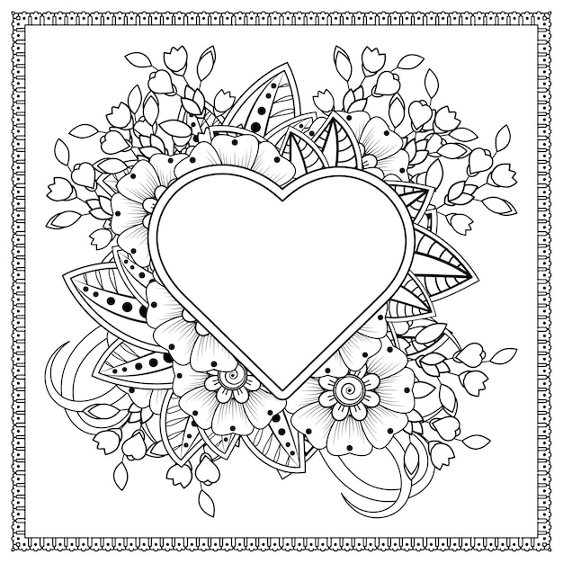 Corazón dibujado a mano con flor mehndi. decoración en adornos étnicos orientales, doodle.