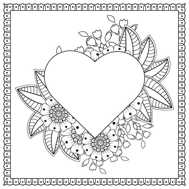 Corazón dibujado a mano con flor mehndi. decoración en adornos étnicos orientales, doodle.