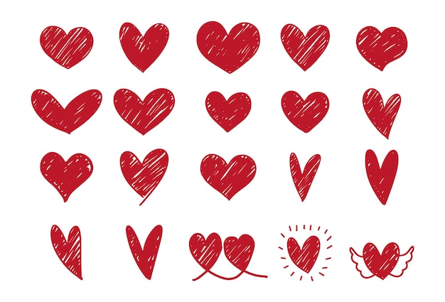 Vector corazón dibujado a mano garabatos, colección de corazones. ilustraciones de romance y amor.
