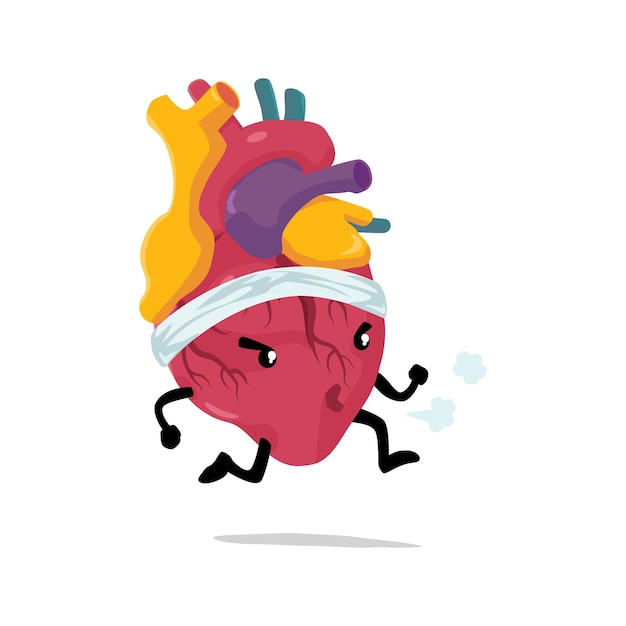 Un corazón de dibujos animados con una cabeza corriendo y una banda para la cabeza que dice "corazón" en él
