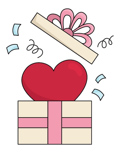 Corazón de dibujos animados vectoriales saliendo de la caja de presentes Regalo de línea clip aislado Ilustración linda Icono gracioso del día de San Valentín para niños con concepto de amor o sorpresa