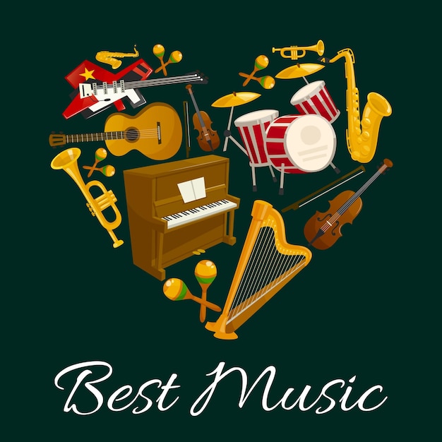 Corazón con diseño de cartel de instrumento musical.